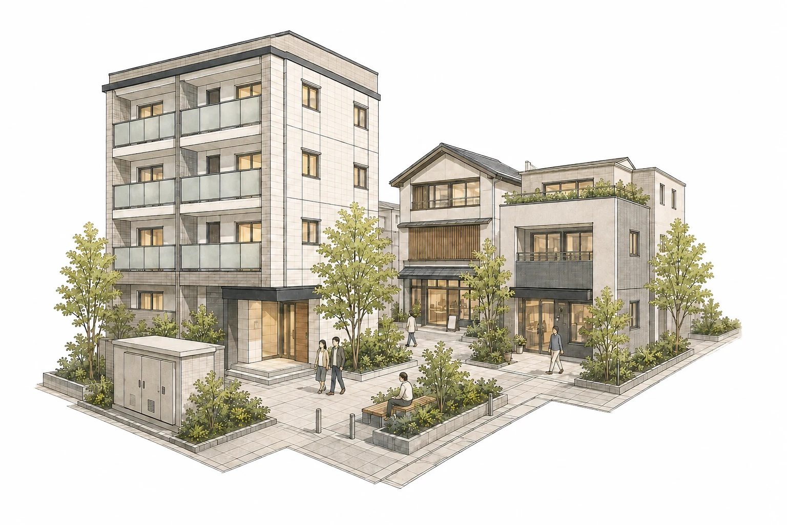 集合住宅・街区・電気設備を描いた事業紹介イラスト