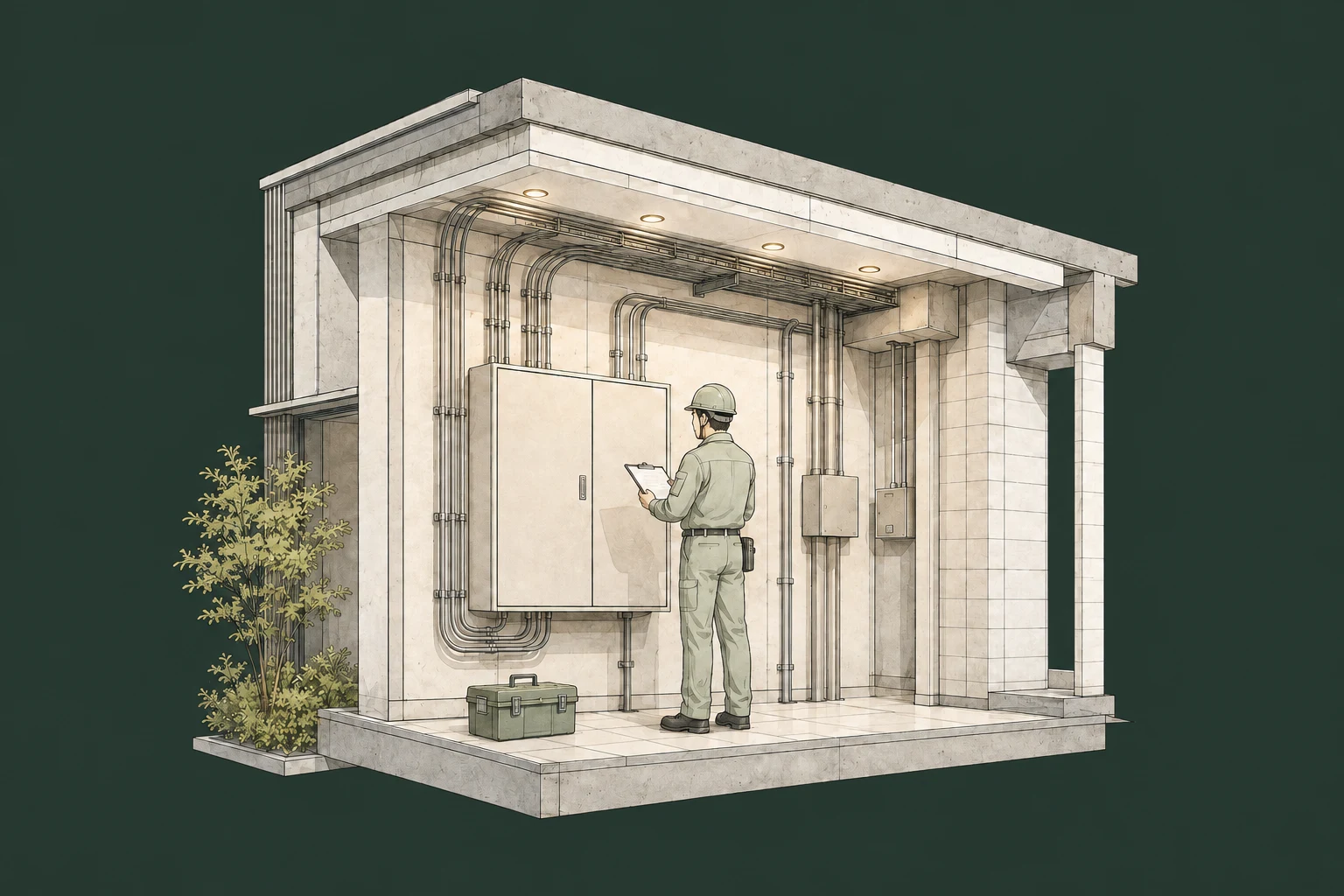 建物の照明と分電盤を確認する電気工事スタッフのイラスト