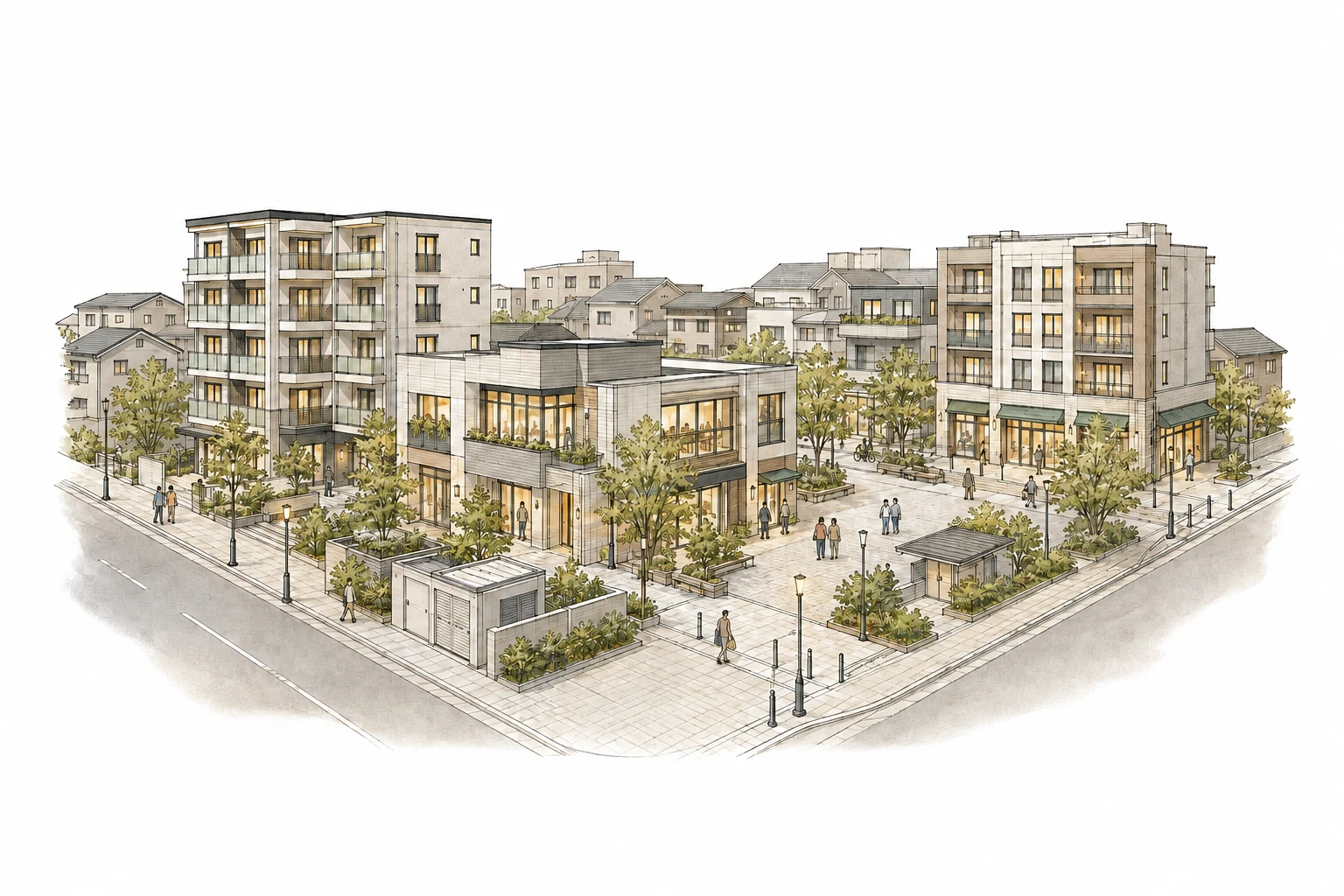 集合住宅・商業施設・広場・街路灯を描いた街区のイラスト