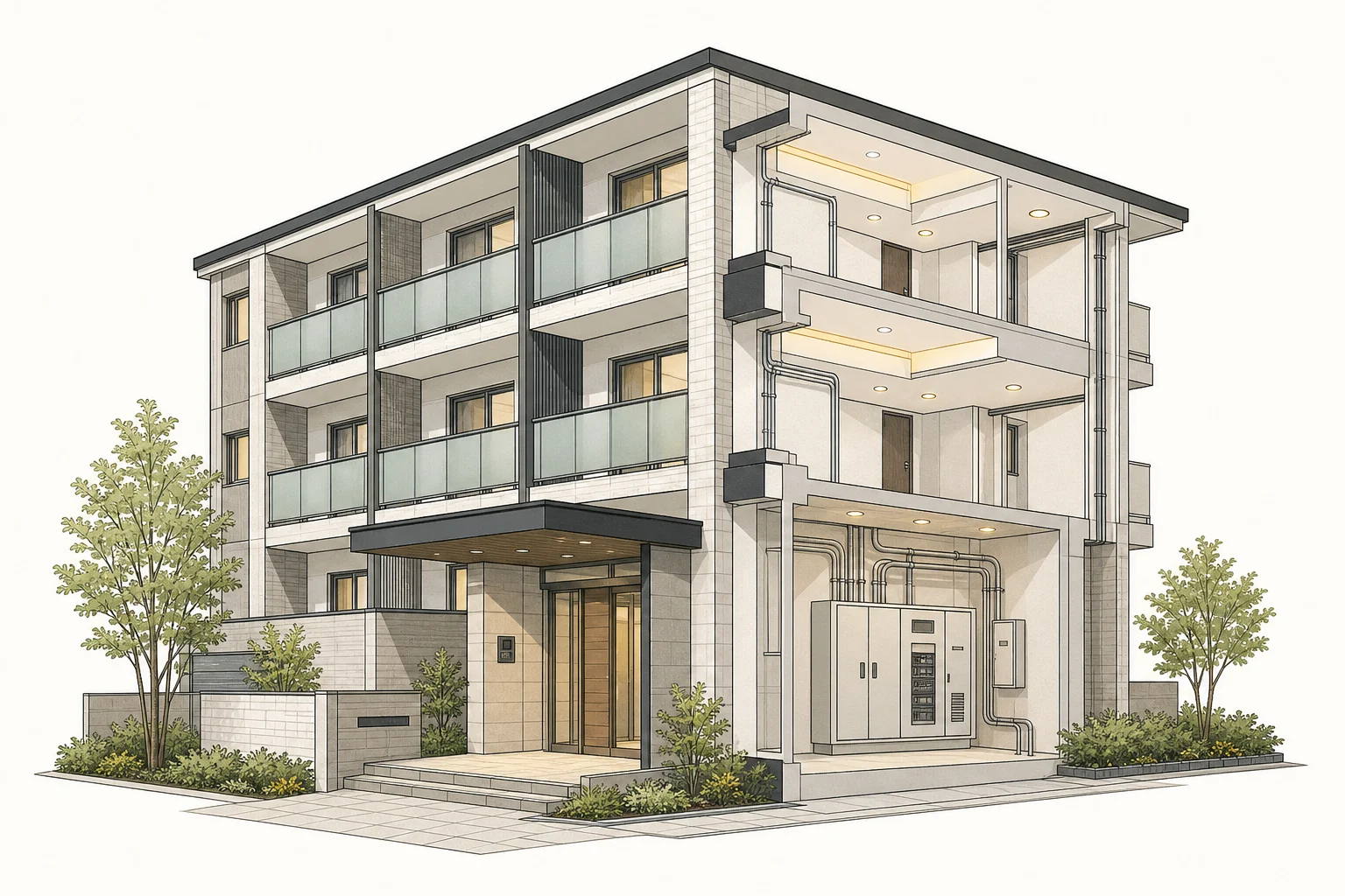 集合住宅の共用照明と電気設備を描いたマンション開発のイラスト