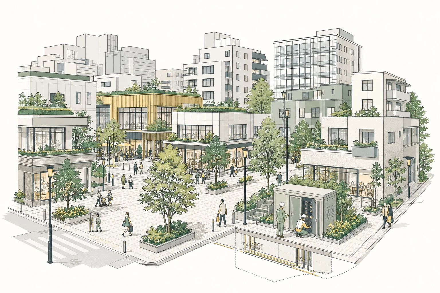 建物・広場・街路灯と電気設備を描いた都市再開発のイラスト