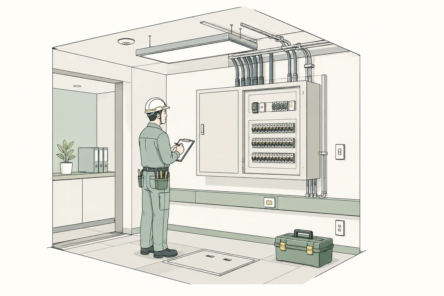 分電盤や照明など建物の電気設備を確認する作業員のイラスト